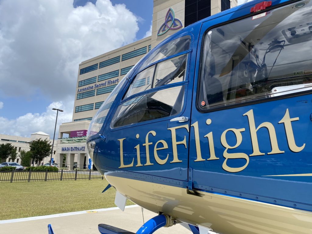 air medical helicopter close up by hospital