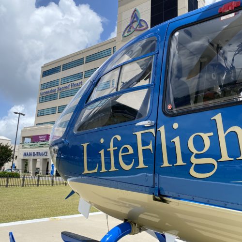 air medical helicopter close up by hospital