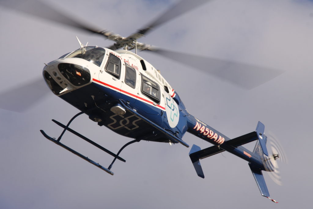 close up of air medical helicopter flying