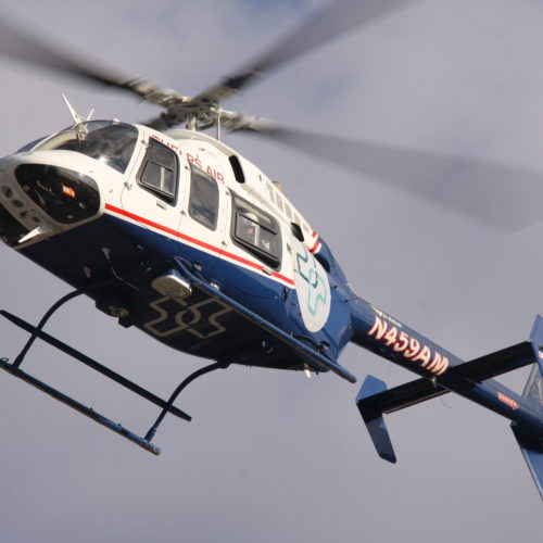 close up of air medical helicopter flying