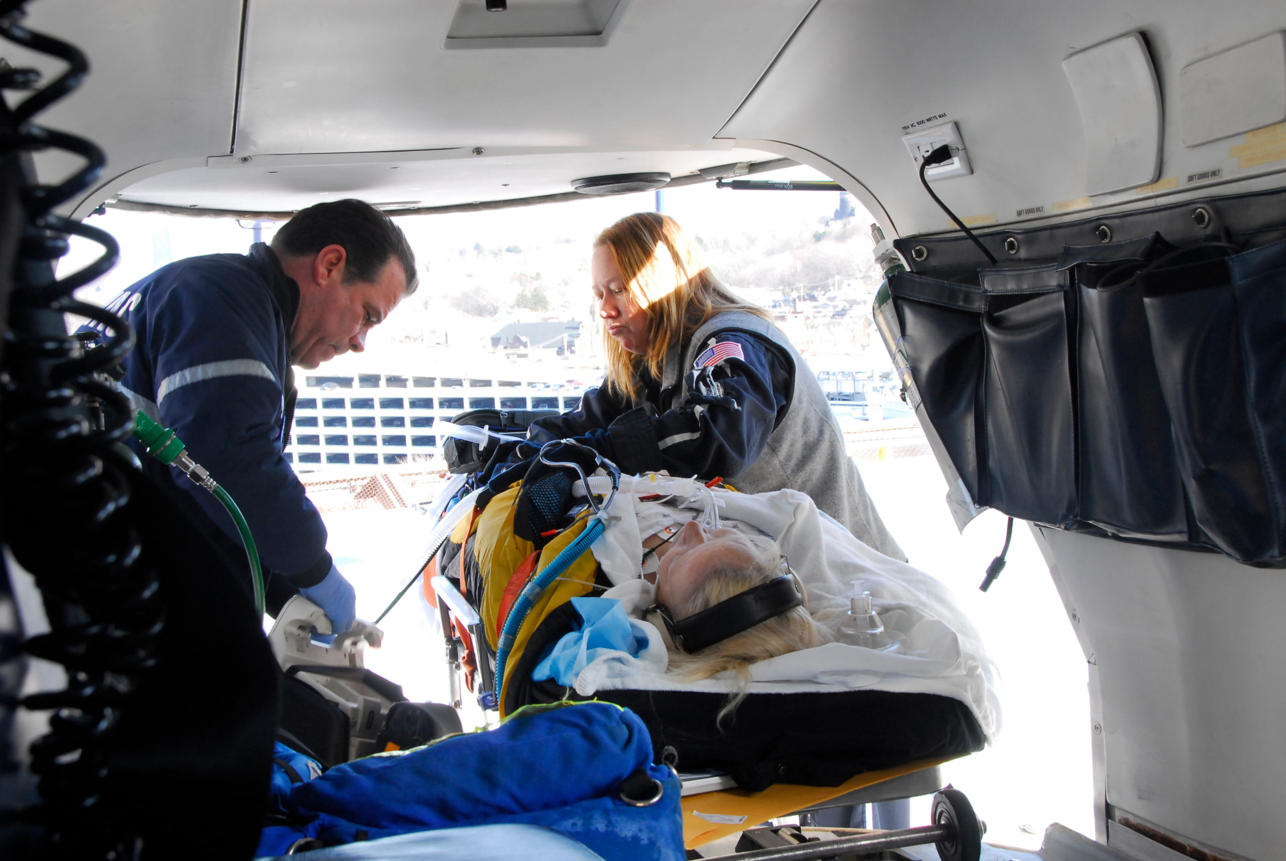 Clinical operations in the back of helicopter. 